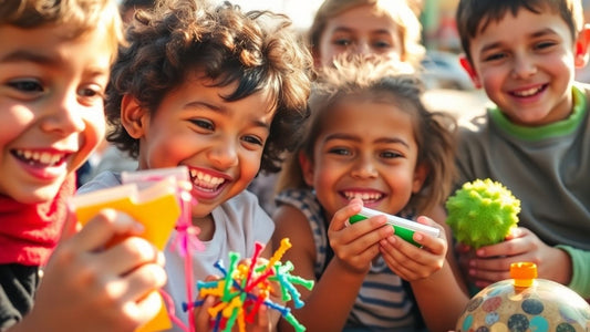 Children smiling and playing with colorful motivational gifts.