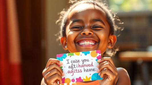 Child smiling holding a colorful affirmation card