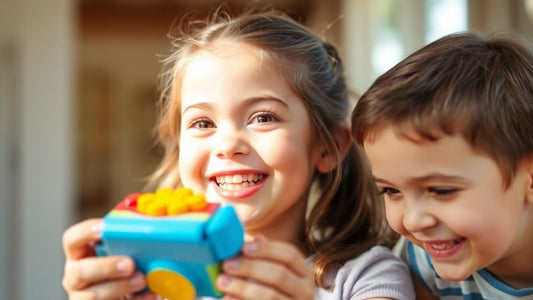 Girl happily playing with a colorful birthday gift.