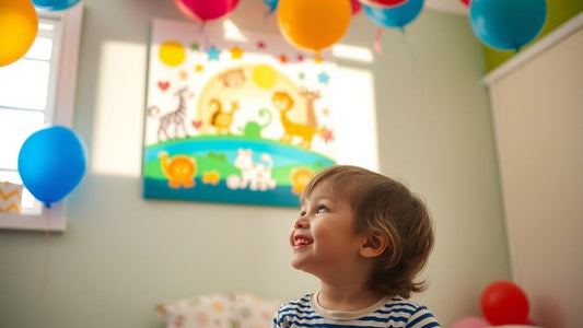 Child admiring colorful birthday wall art in a decorated room.