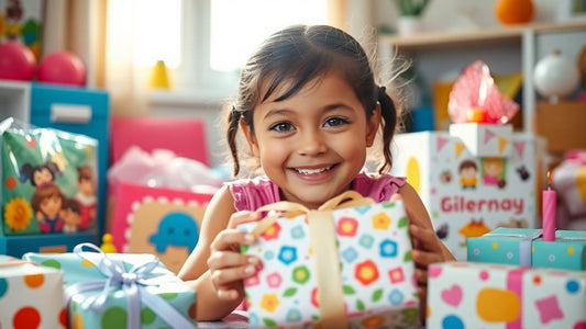 Happy girl receiving a colorful, personalized birthday gift.