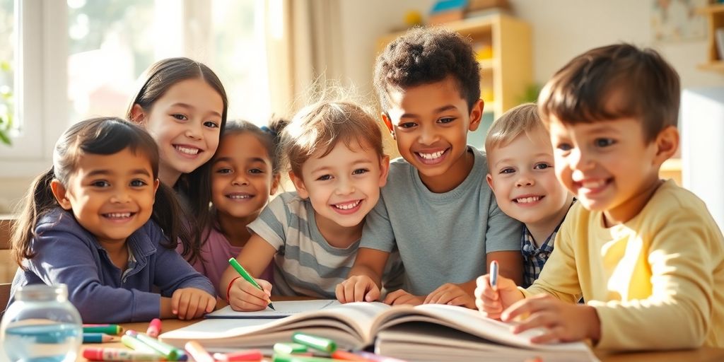 Happy children learning at home with colorful educational materials.