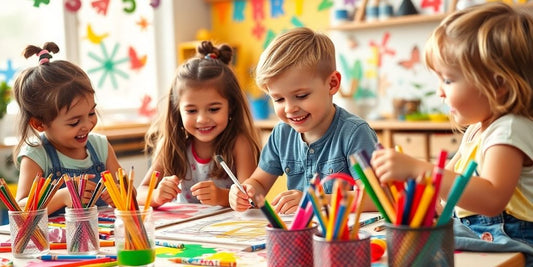 Children exploring creativity with colorful art supplies.