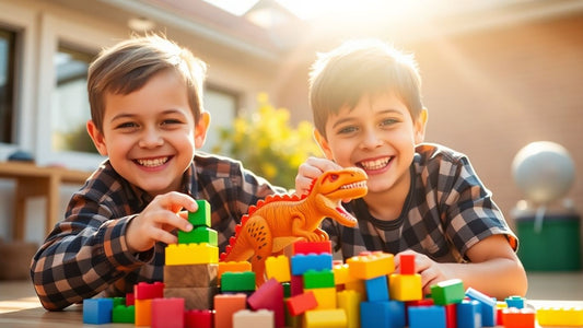 Two boys happily playing with colorful toys.