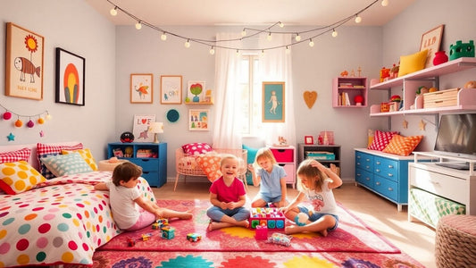 Kids enjoying vibrant room with colorful decor and toys