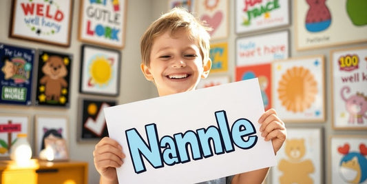 Boy happily holds colorful personalized name art print.