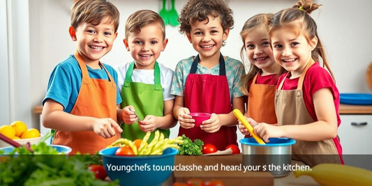 Children cooking together, smiling and enjoying their kitchen experience.