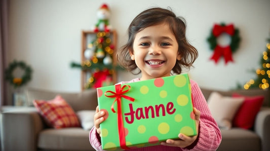 Child happily holding a personalized Christmas gift.