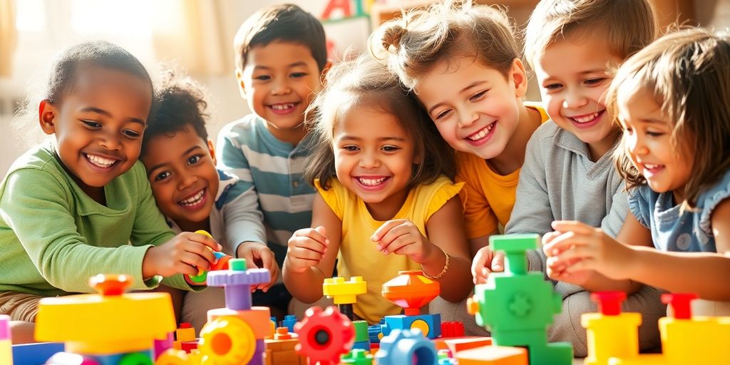 Children smiling while playing with colorful building blocks.
