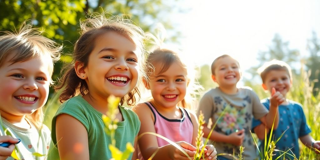 Children laughing outdoors during family adventure.