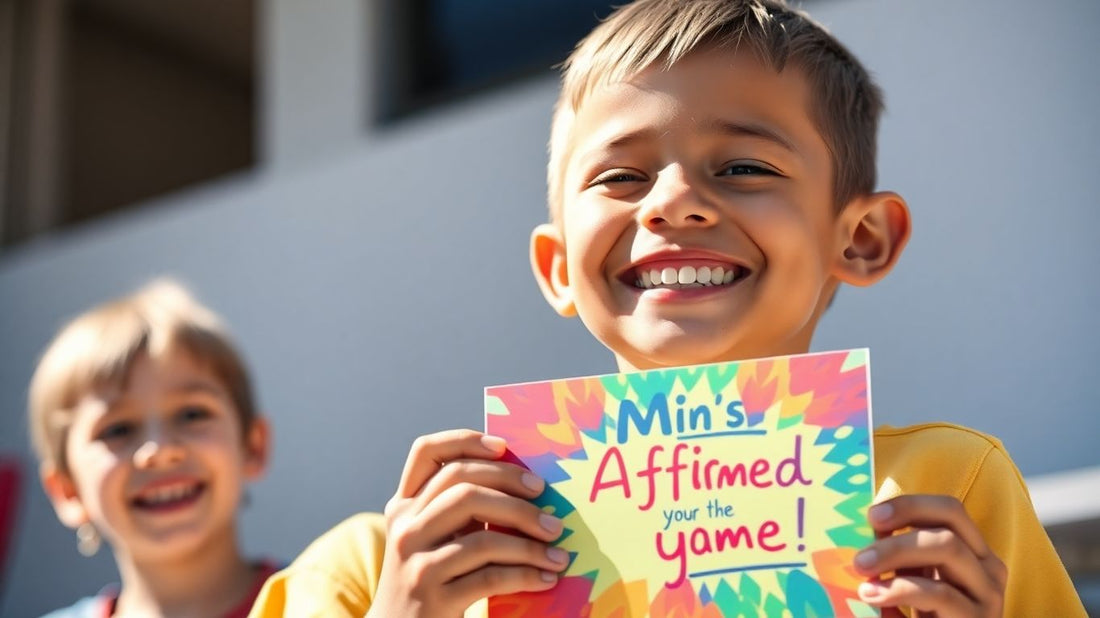 Boy happily receives personalized affirmation birthday gift.