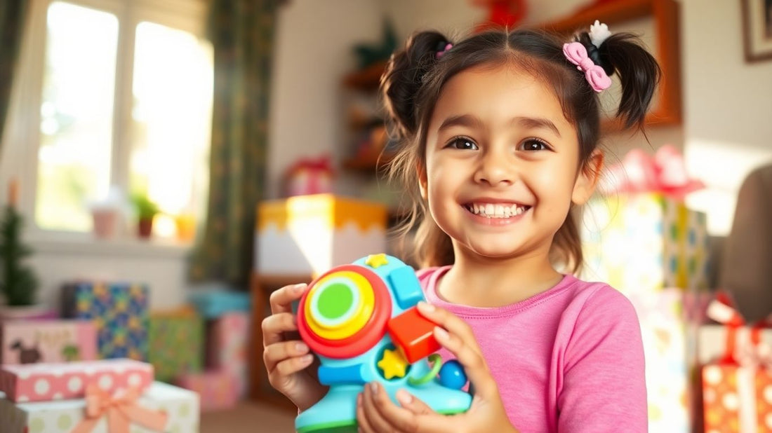 Happy girl receiving a colorful birthday gift.