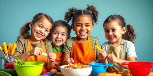 Children joyfully cooking together with colorful kitchen tools.