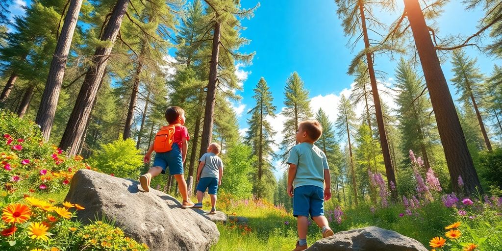 Children adventuring in a colorful forest full of excitement.