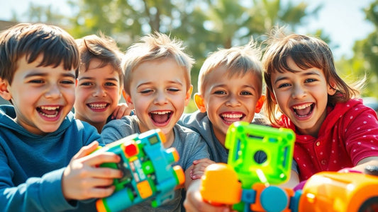 Boys playing with exciting birthday gifts.
