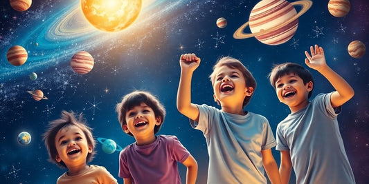 Children exploring space-themed products with joy and wonder.