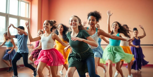 Group of young dancers joyfully performing in colorful costumes.