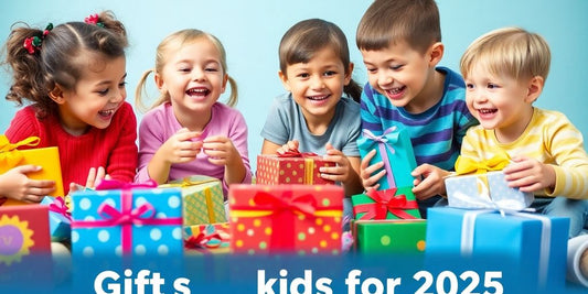 Happy kids enjoying toys and gifts for 2025.
