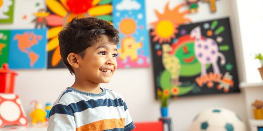 Brightly colored personalized wall art in a child's room.