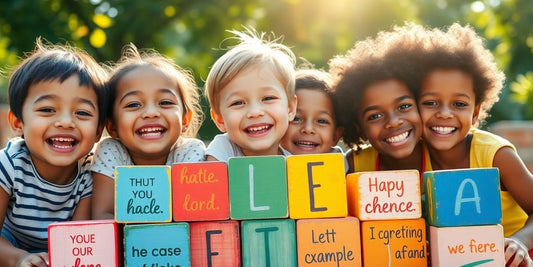 Children smiling holding colorful inspirational quote blocks.