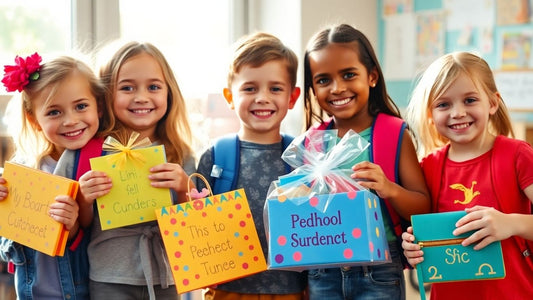Children happily holding personalized back-to-school gifts.