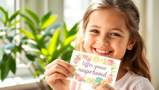 Girl smiling holding affirmation card