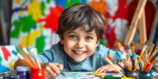 Young boy happily painting with colorful art supplies.