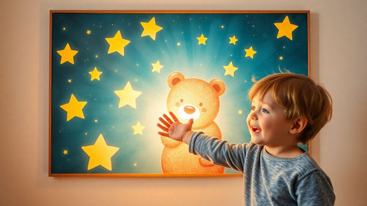 Nursery wall art with child and bear.
