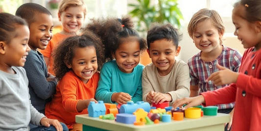 Children sharing and smiling together with toys.