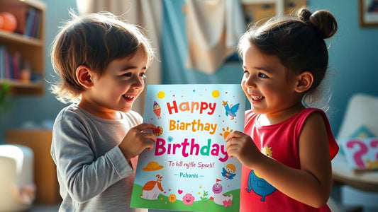 Children happily receiving a personalized birthday poster gift.