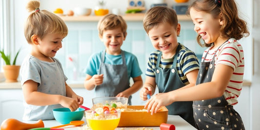 Children happily cooking together in a bright kitchen.