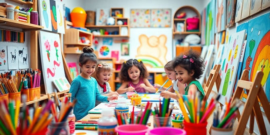 Children painting in a bright, colorful art studio.