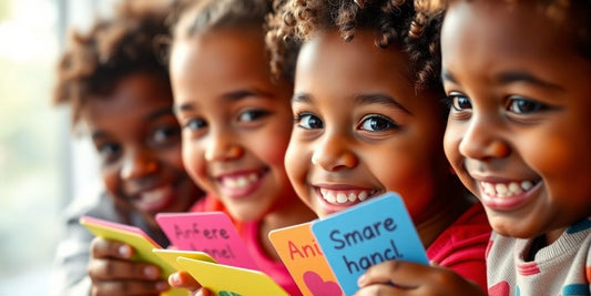 Children smiling and holding colorful affirmation cards.