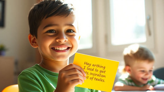Boy holding affirmation card with a smile.
