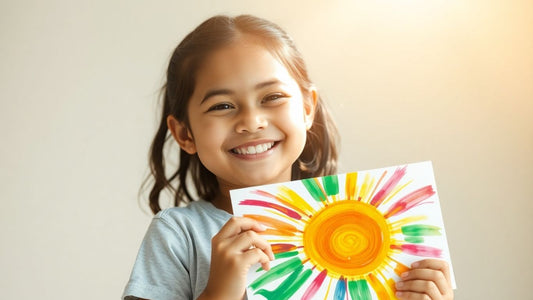 Girl proudly holds colorful artwork, beaming with confidence.