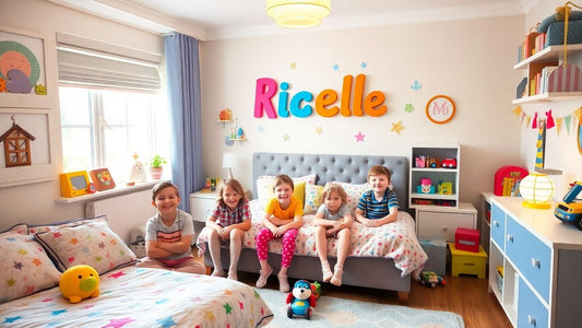 Smiling children enjoy colorful, personalized bedroom decor together.