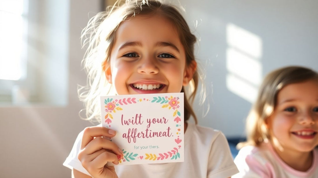 Girl holding affirmation card, smiling in natural light.