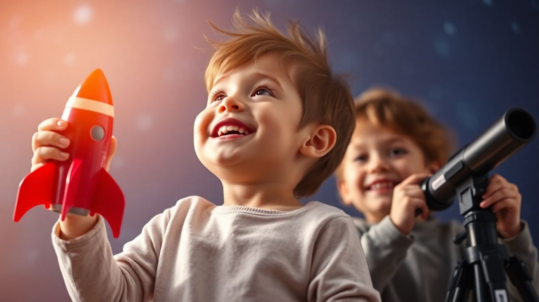 Child with space toy looking at starry sky.
