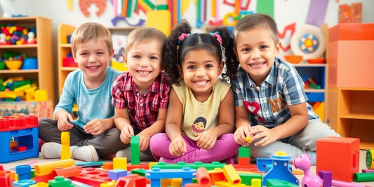 Children joyfully playing with imaginative toys and games.