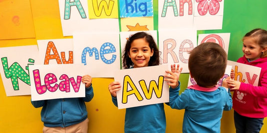 Children smiling near colorful personalized name art prints.