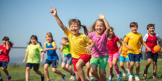 Children happily playing sports, radiating joy and energy.