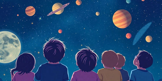 Children marveling at a starry night sky.
