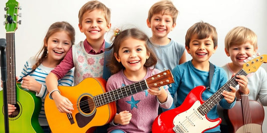 Children joyfully playing musical instruments in a colorful setting.
