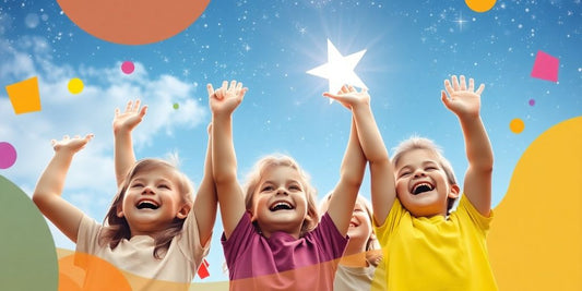 Happy children reaching for stars with colorful products.