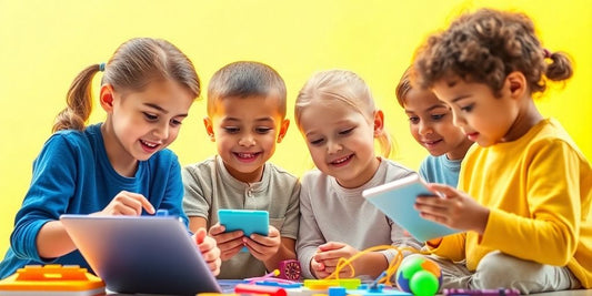 Children joyfully interacting with educational products outdoors.
