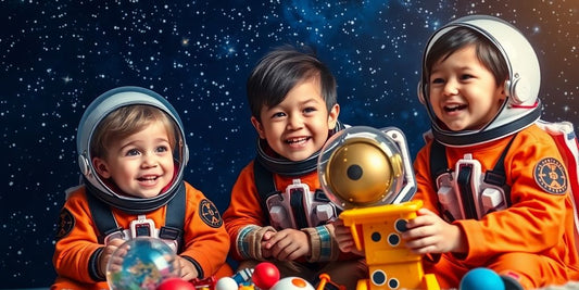 Children in astronaut costumes playing joyfully under stars.