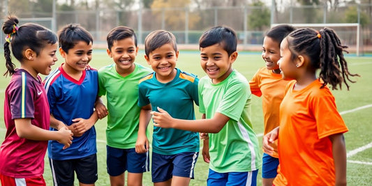 Kids playing sports together, showcasing teamwork and joy.