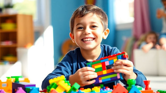 Boy happily playing with colorful building blocks.