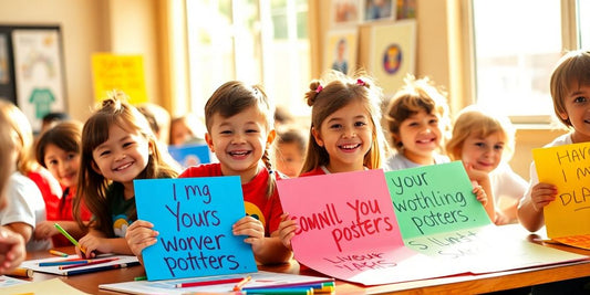 Children happily creating personalized motivational posters.