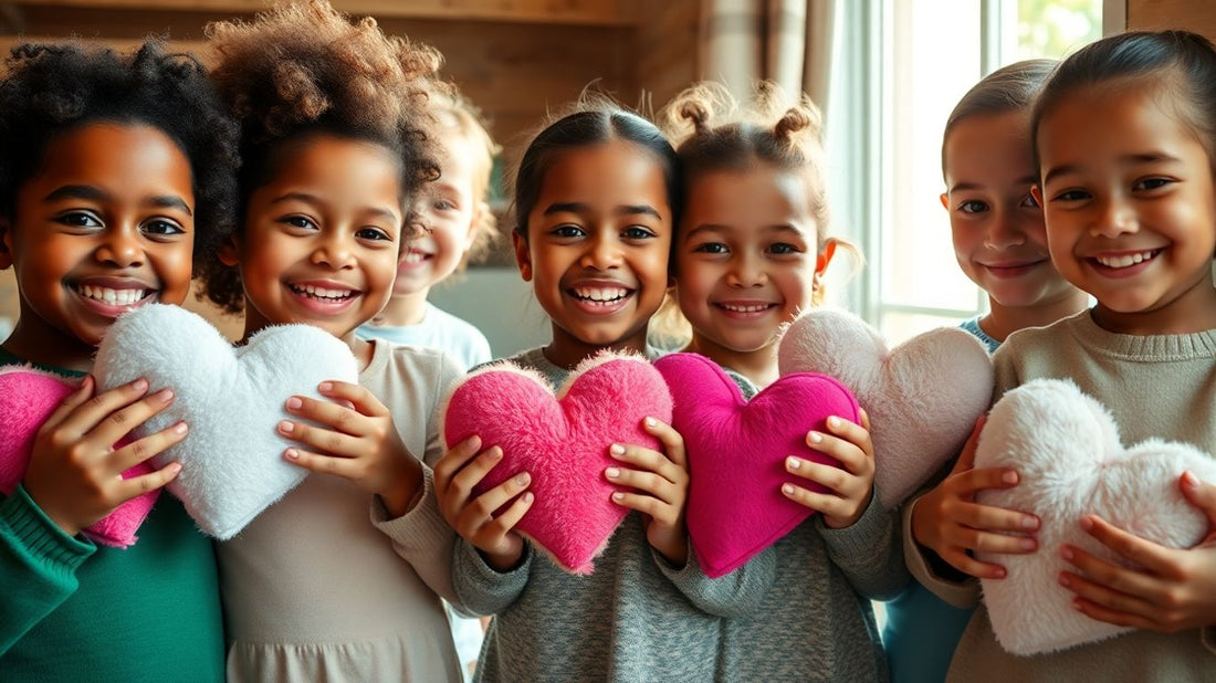 Children happily holding plush heart toys.